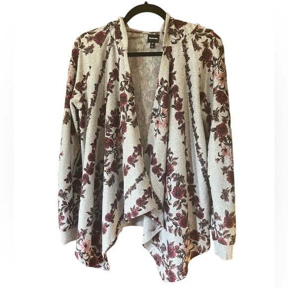 🤎3/$10 Floral Open Knit Hooded Cardigan Size Medium - Picture 5 of 13